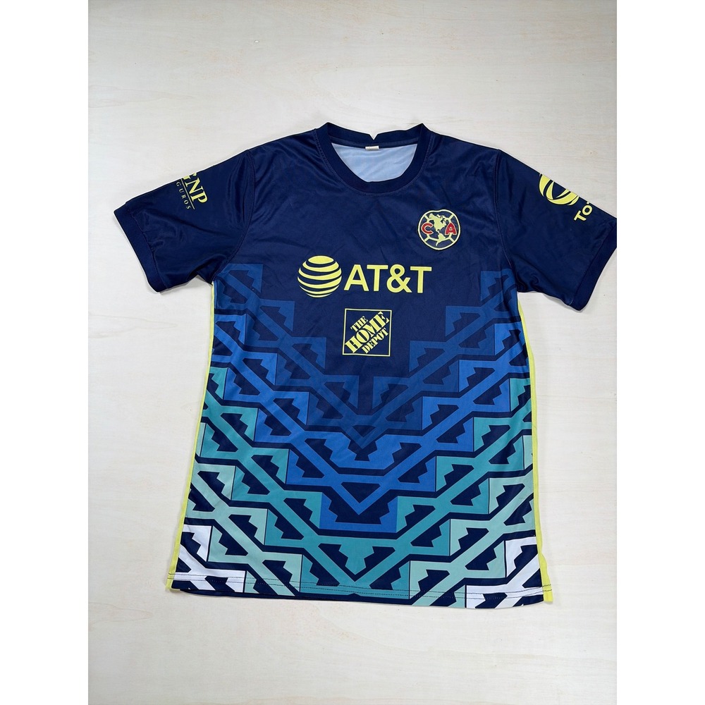 Club America Soccer Jersey Navy Blue Yellow Geometric Graphic Sponsor  Mens L